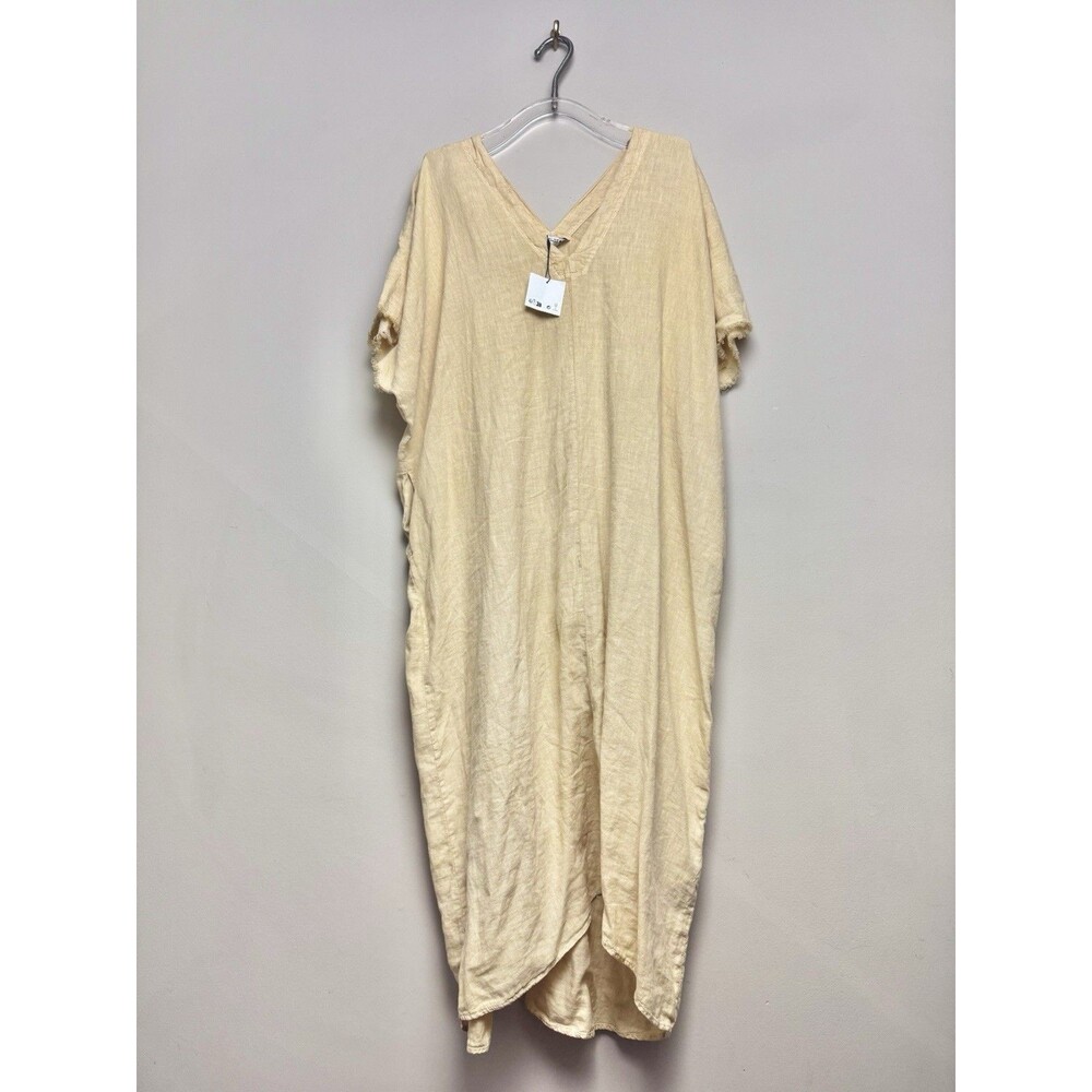 Zara Womens Linen Blend Maxi Dress Large Beige Cap Sleeve Long V Neck - Picture 2 of 6